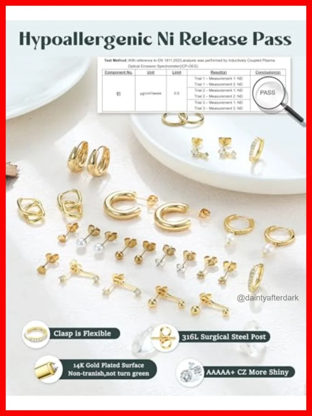 14K Gold Plated Hypoallergenic Stud Hoop Earrings Set for Women - Dainty